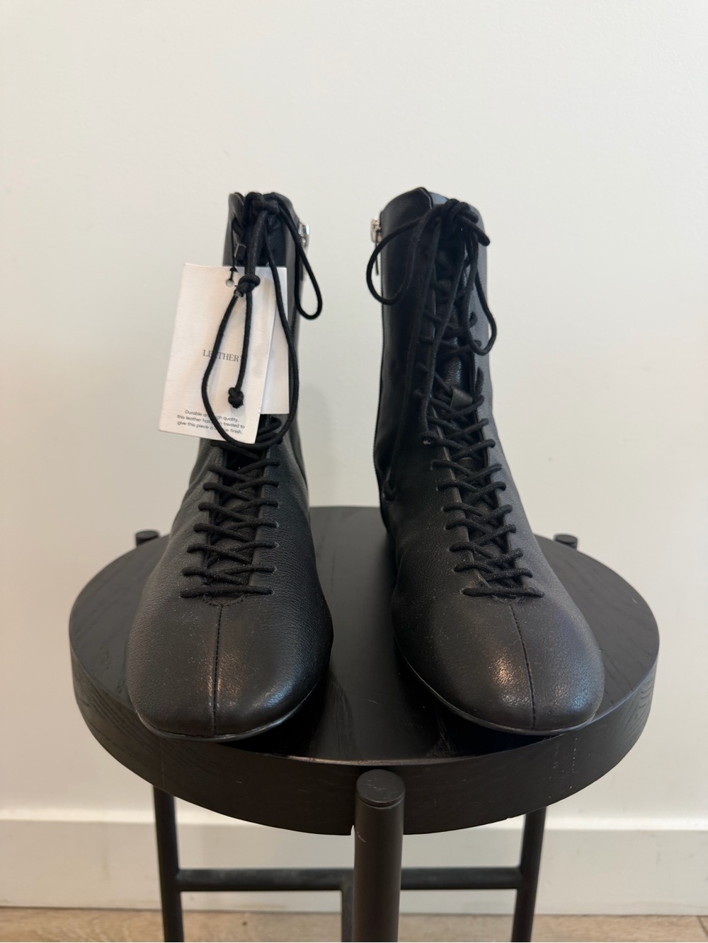NWT 39 EU Mango Black Leather Lace-Up Ankle Boots